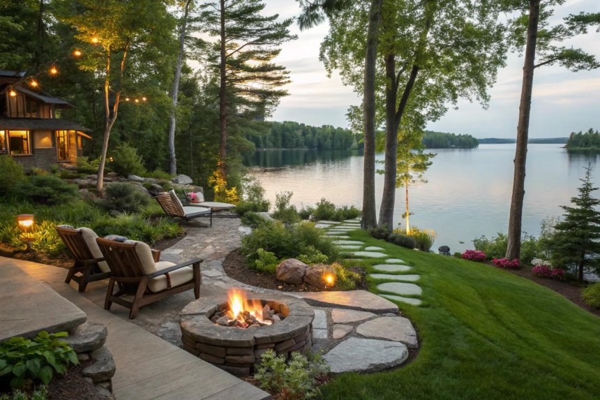 Natural granite stone steps and armour stone landscaping on a Muskoka waterfront cottage property